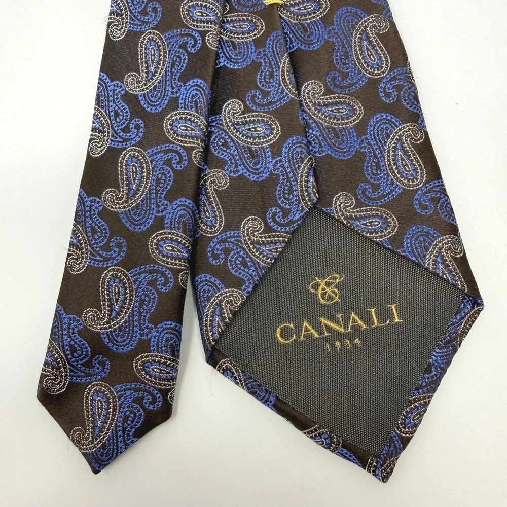Canali Italy Mens Silk Paisley Necktie Brown Blue Silver Jacquard Classic Tie